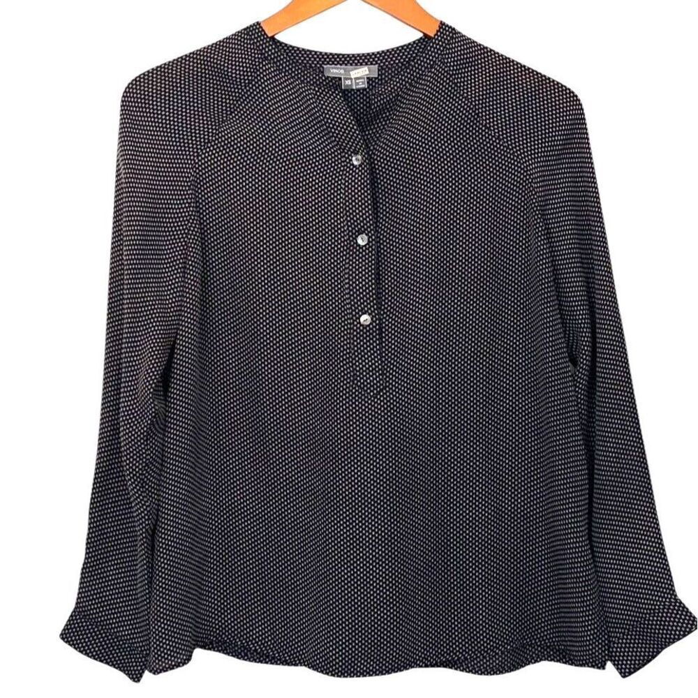 Vince Silk Popover Blouse Black White Long Sleeve Banded Collar Classic Size XS